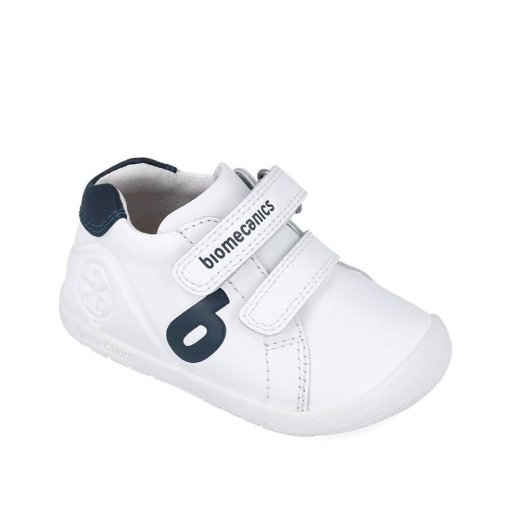 Zapatillas barefoot niño Biomecanics blancas y azules con doble velcro