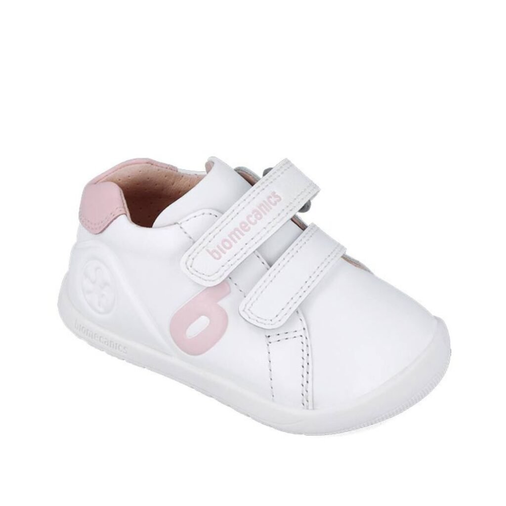 Zapatillas barefoot niña Biomecanics blancas y rosas con velcro